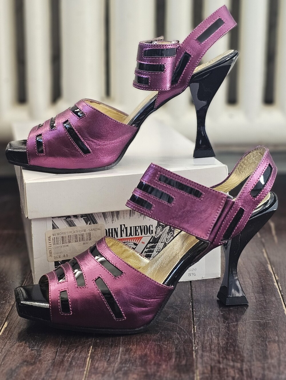 New Fluevog Compulsion Memories Purple Black Metallic Platform Sandal Heel